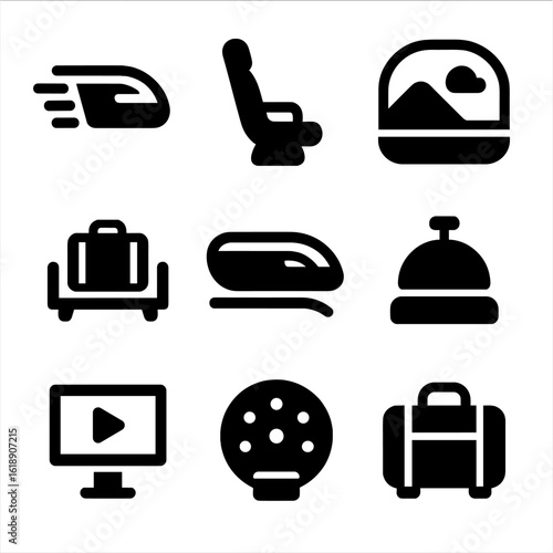 Hyperloop Experience Icons. Solid, filled icon set of hyperloop travel experience: fast speed, comfort seat, panoramic window,