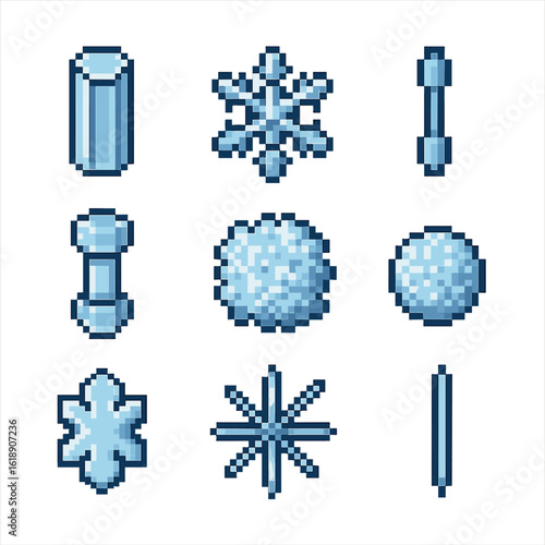 Ice Crystal Icons. Pixel art icon set of ice crystal structures: hexagonal prism, triangular plate, stellar dendrite, column