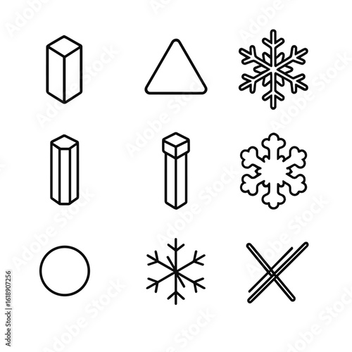Ice Crystal Icons. Outline icon set of ice crystal structures: hexagonal prism, triangular plate, stellar dendrite, column crystal