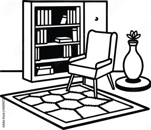 stylish study corner with warm rug and books comfortable setting