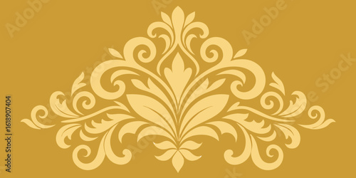 Golden floral vector ornament with a seamless vintage damask pattern and elegant swirling leaf decorations