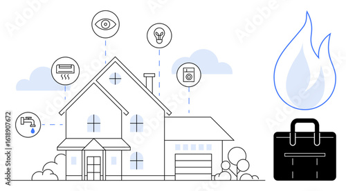 Modern house connected to devices for security, lights, water, HVAC, and energy monitoring. Ideal for technology, home safety, automation, eco-living convenience security simple flat metaphor