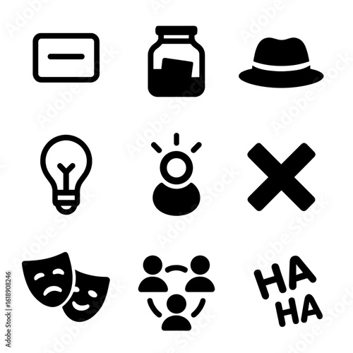 Improv Theater Tools. Flat icon set of improvisational theater tools: prompt card, suggestion jar, improv hat, idea bulb, time