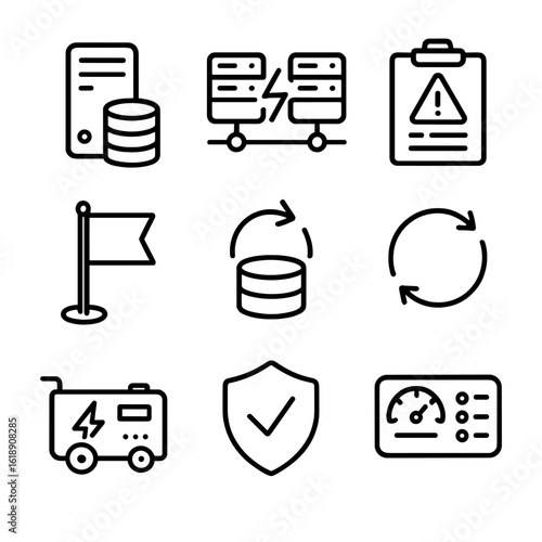 Incident Recovery Icons. Outline icon set of incident recovery and resilience: backup server, failover switch, disaster recovery