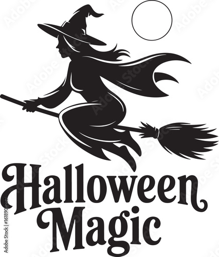 Silhouette of a witch flying on a broomstick with a moon halloween magic