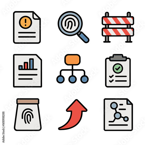 Incident Response Icons. Flat icon set of incident response procedures: incident ticket, forensics magnifier, containment barrier,
