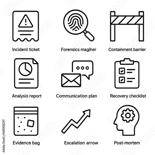 Incident Response Icons. Outline icon set of incident response procedures: incident ticket, forensics magnifier, containment