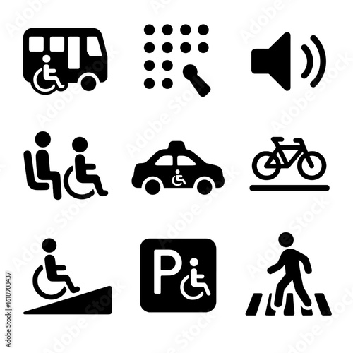 Inclusive Transport Icons. Solid, filled icon set of inclusive transportation: wheelchair accessible bus, tactile paving, audio