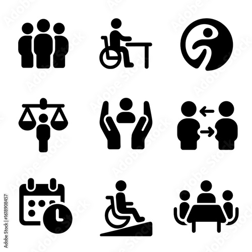 Inclusive Workplace Icons. Solid, filled icon set of inclusive workplace: diverse team, accessible desk, universal design, equal