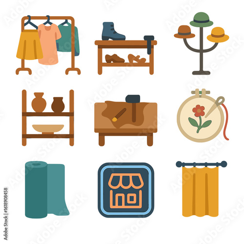 Indie Boutique Icons. Flat icon set of indie boutiques and ateliers: handmade clothing rack, custom shoe bench, artisan hat stand,