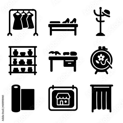 Indie Boutique Icons. Solid, Filled icon set of indie boutiques and ateliers: handmade clothing rack, custom shoe bench, artisan