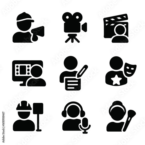 Indie Film Crew Icons. Solid, filled icon set of indie film crew roles: director, cinematographer, producer, editor, scriptwriter,