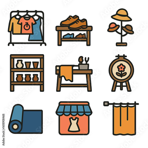 Indie Boutique Icons. Flat icon set of indie boutiques and ateliers: handmade clothing rack, custom shoe bench, artisan hat stand,
