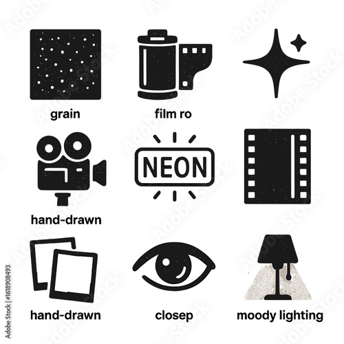 Indie Film Icons. Solid, filled icon set of indie film aesthetics: grainy texture, black and white film, lens flare, vintage