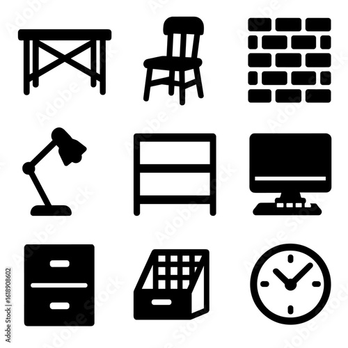 Industrial Loft Icons. Solid, filled icon set of industrial loft workspace: metal desk, vintage chair, exposed brick, desk lamp,