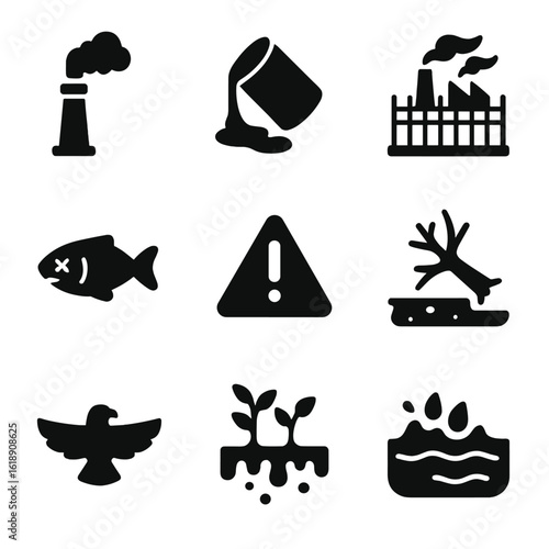 Industrial Pollution Icons. Solid, filled icon set of industrial pollution impact: smokestack, chemical spill, factory fence, dead