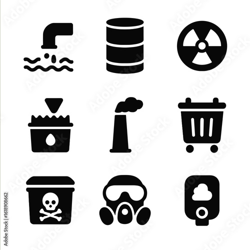 Industrial Waste Icons. Solid, filled icon set of industrial waste disposal: factory waste pipe, chemical barrel, hazardous symbol