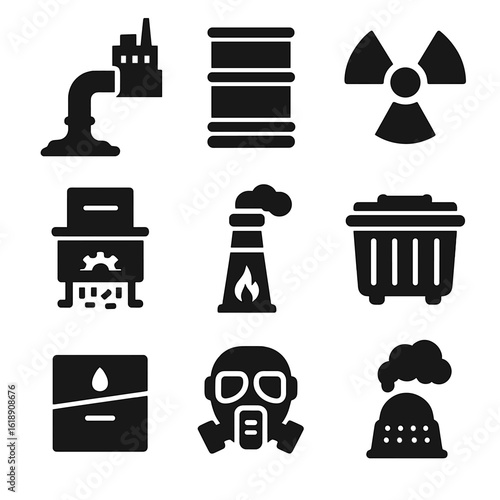 Industrial Waste Icons. Solid, filled icon set of industrial waste disposal: factory waste pipe, chemical barrel, hazardous symbol