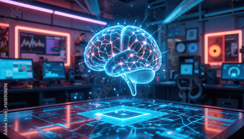 Glowing brain hologram above a futuristic table in a tech environment