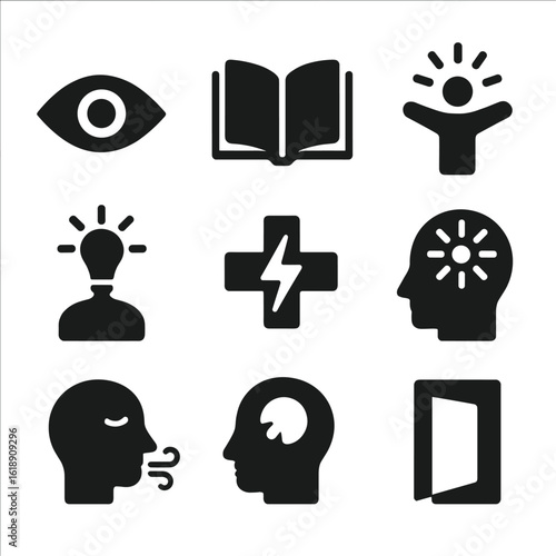 Insight Icon Grid. Solid, filled icon set of personal revelation: eye of insight, book opening, soul spark, thought lightbulb,