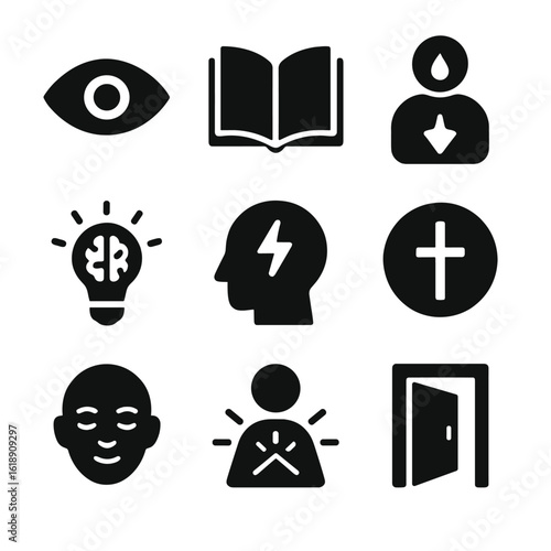 Insight Icon Grid. Solid, filled icon set of personal revelation: eye of insight, book opening, soul spark, thought lightbulb,