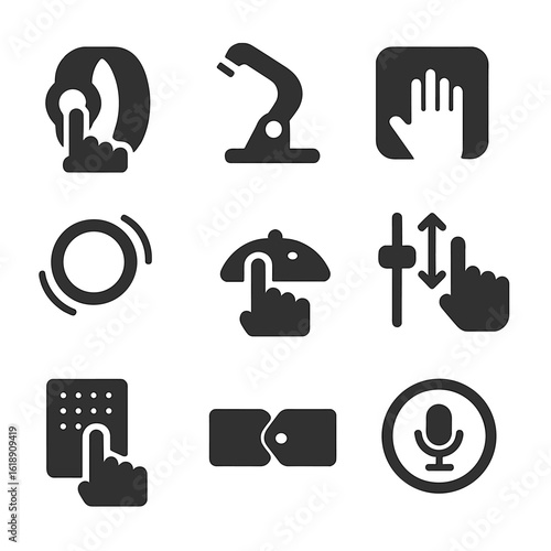 Interactive Product Icons. Solid, Filled icon set of interactive product forms: touch-sensitive band, flex sensor joint, pressure