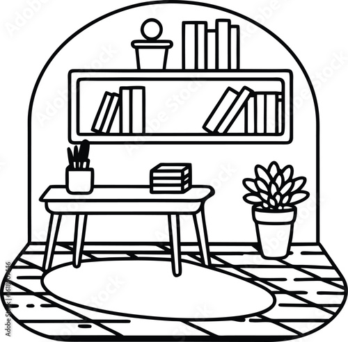 stylish study space with warm rug books and shelf neat setup