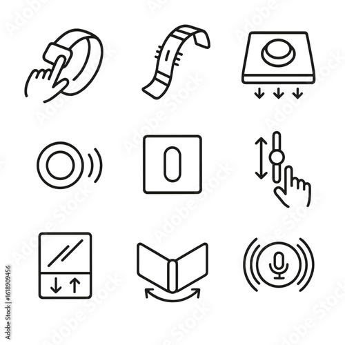 Interactive Product Icons. Outline icon set of interactive product forms: touch-sensitive band, flex sensor joint, pressure pad,