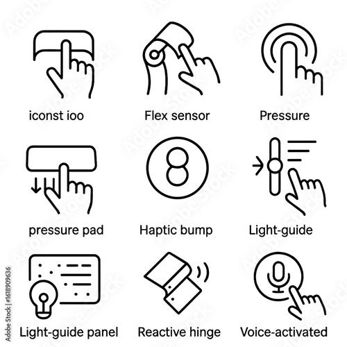 Interactive Product Icons. Outline icon set of interactive product forms: touch-sensitive band, flex sensor joint, pressure pad,