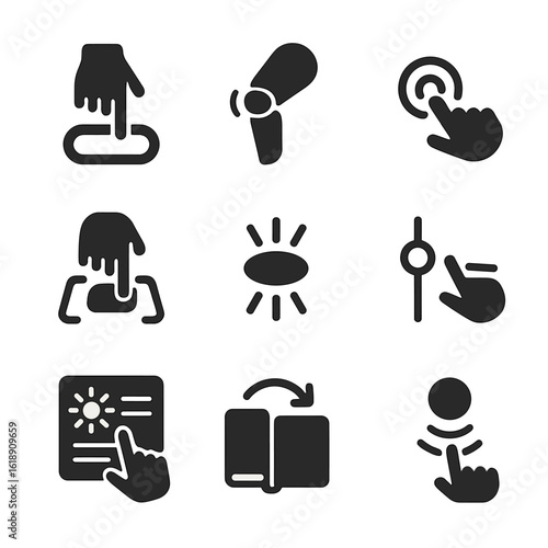 Interactive Product Icon Set. Flat icon set of interactive product forms: touch-sensitive band, flex sensor joint, pressure pad,
