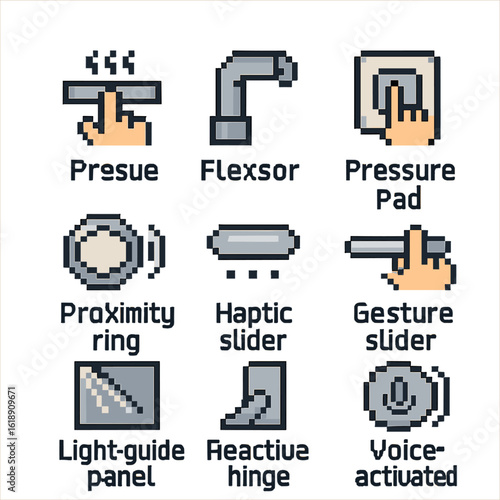 Interactive Sensor Icons. Pixel art icon set of interactive product forms: touch-sensitive band, flex sensor joint, pressure pad,