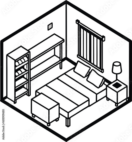 warm isometric dorm room with wooden floor and cozy decor
