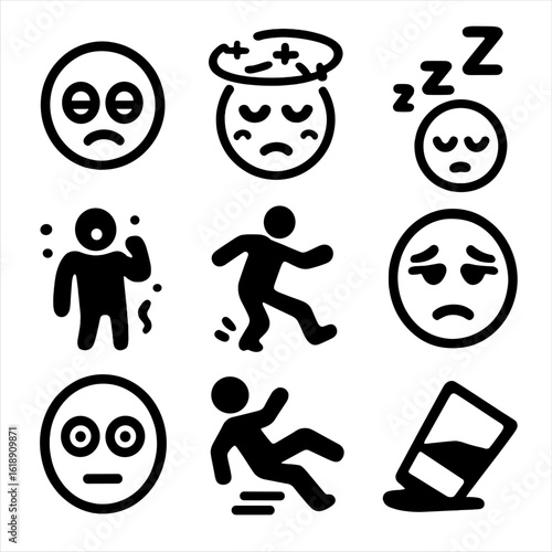 Intoxication Icon Set. Solid, filled icon set of intoxicated state: droopy eyes, flushed face, dizzy swirl, slurred words,