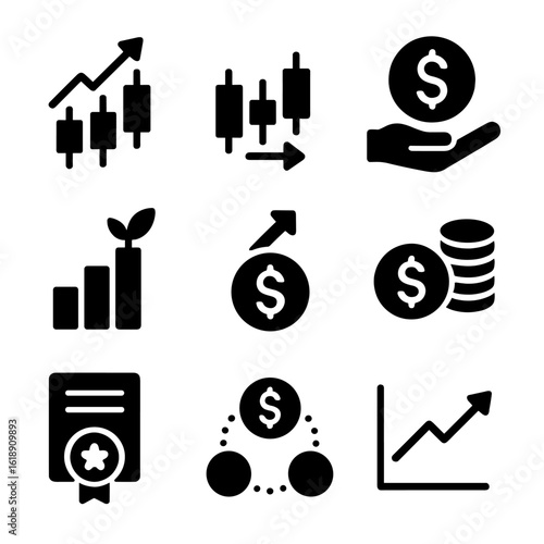 Investment Icons Grid. Solid, filled icon set of investment types: long position, short sell, value investing, growth stock, penny
