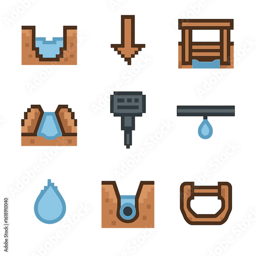 Irrigation Icon Set. Pixel art icon set of irrigation furrows: water channel, flow arrow, irrigation gate, furrow levee, moisture