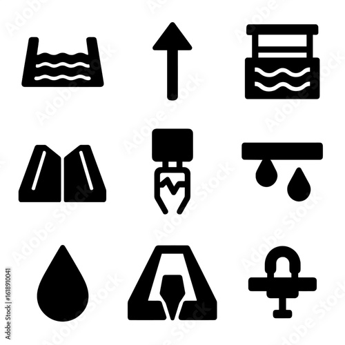 Irrigation Icon Set. Solid, Filled icon set of irrigation furrows: water channel, flow arrow, irrigation gate, furrow levee,