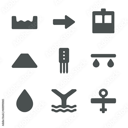 Irrigation Icons Set. Flat icon set of irrigation furrows: water channel, flow arrow, irrigation gate, furrow levee, moisture