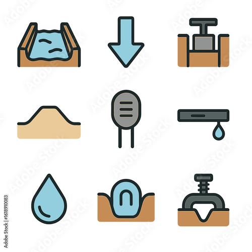 Irrigation Icons Set. Flat icon set of irrigation furrows: water channel, flow arrow, irrigation gate, furrow levee, moisture