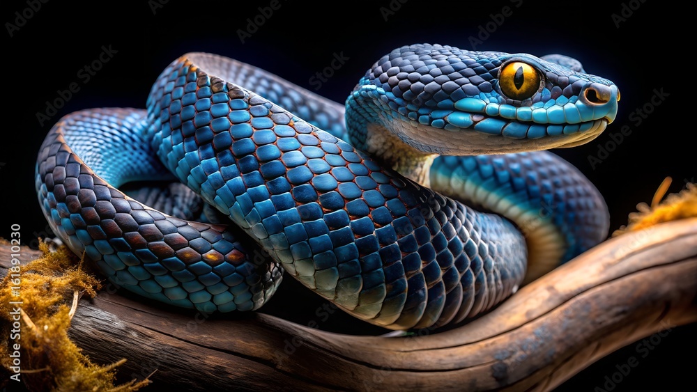 Fototapeta premium A striking blue viper snake with bright yellow eyes coiled on a textured branch against a dark background