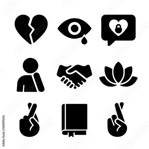 Jealousy Icon Set. Solid, filled icon set of coping with relationship jealousy: broken heart, eye with tear, speech bubble, heart