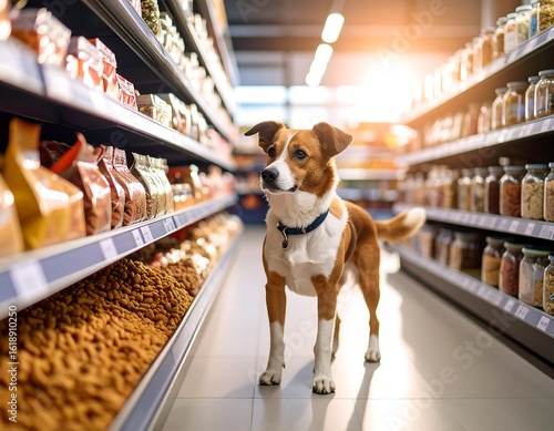 Dog in a pet food aisle of a grocery store