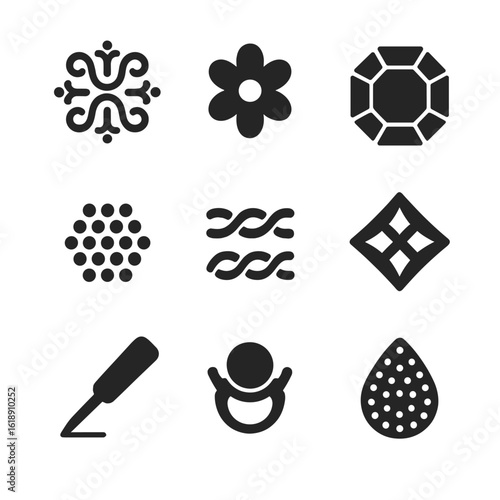 Jewelry Design Icons. Solid, filled icon set of delicate jewelry design elements: filigree pattern, floral motif, geometric shape,