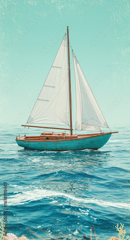 Fototapeta premium Teal Sailboat in Ocean: Isolated Yacht Sailing on Calm Turquoise Water on Sunny Day, Nautical Adventure, Summer Vacation, Marine, Sailing, Water Sport