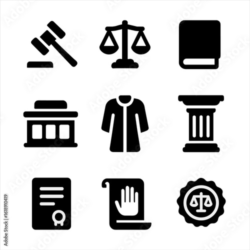 Justice Icons Grid. Solid, filled icon set of judge’s tools and symbols of justice: gavel, scales, law book, courtroom bench,
