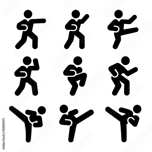 Karate Movement Icons. Solid, filled icon set of karate movements: punch, block, kick, strike, knee, elbow, roundhouse kick, front