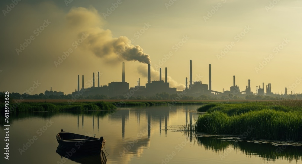Naklejka premium Thick smog from factory chimneys contaminating air above a watery habitat.