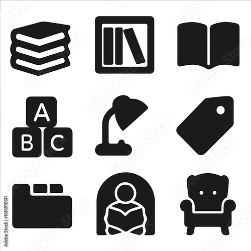 Kids' Books Icons. Solid, filled icon set of organizing kids’ books: book stack, bookshelf, open book, alphabet blocks, reading