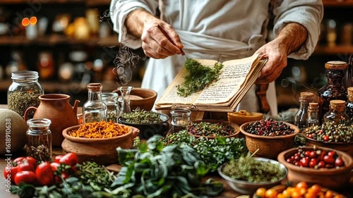 Herbalist selecting leaves from a book amidst various ingredients on a wooden table