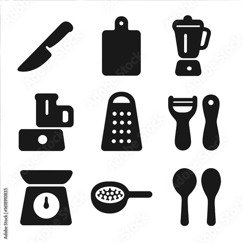 Kitchen Tools Grid. Solid, filled icon set of Food preparation tools: chopping knife, cutting board, blender, food processor,