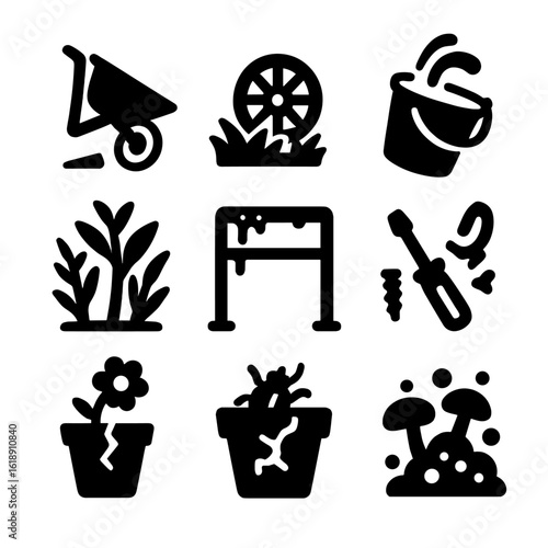 Common Issue Icons. Solid, filled icon set of Common problems: tipping over, wheel stuck, water spills, overgrown plants, rusting